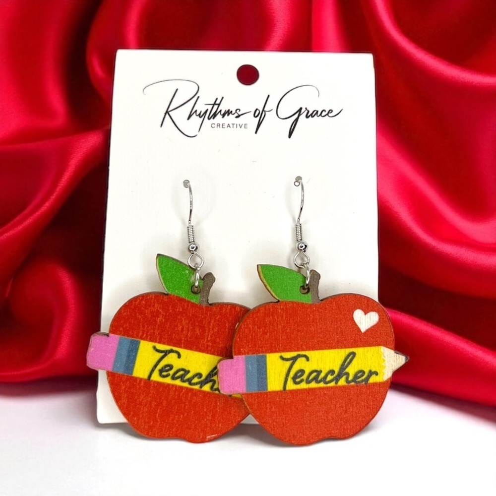 Teacher Apple & Pencil Wooden Earrings Back to School NWT